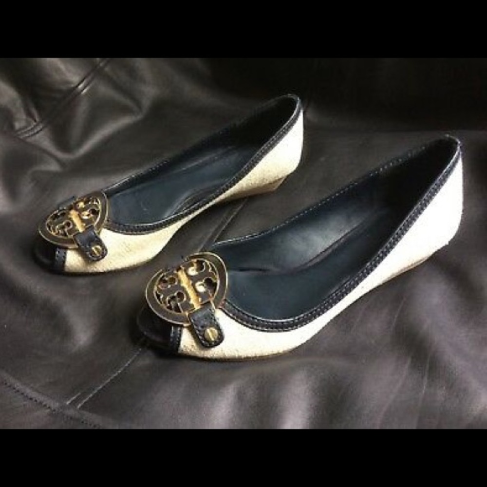 Tory Burch Heels Wedge Blue Logo Linen 6